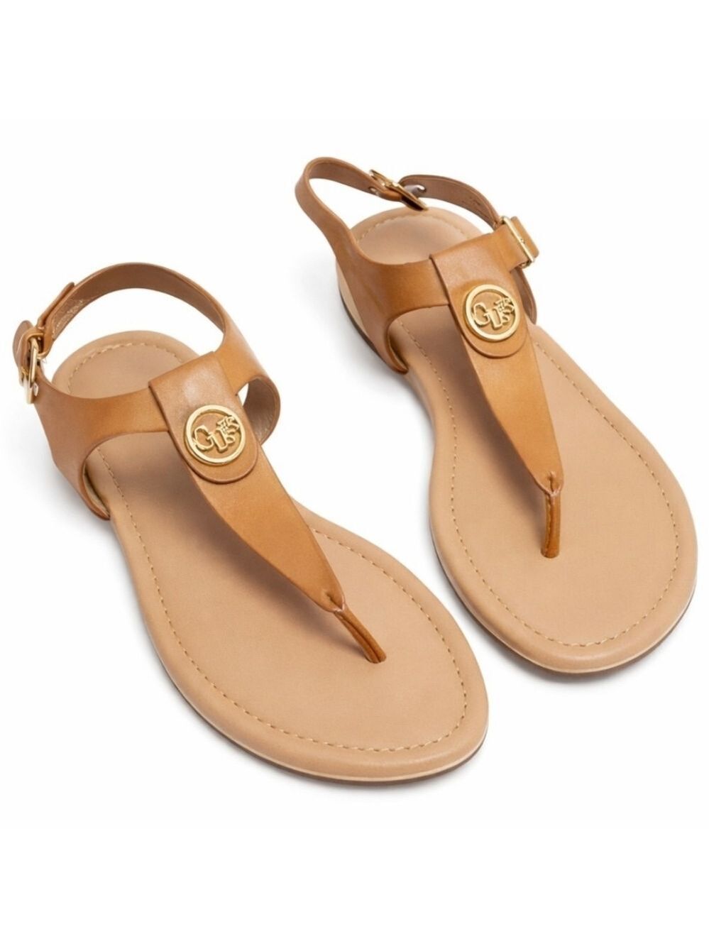 GUESS Tan Thong Slingback Sandals Gold Logo Medallion Size 6 NWT
